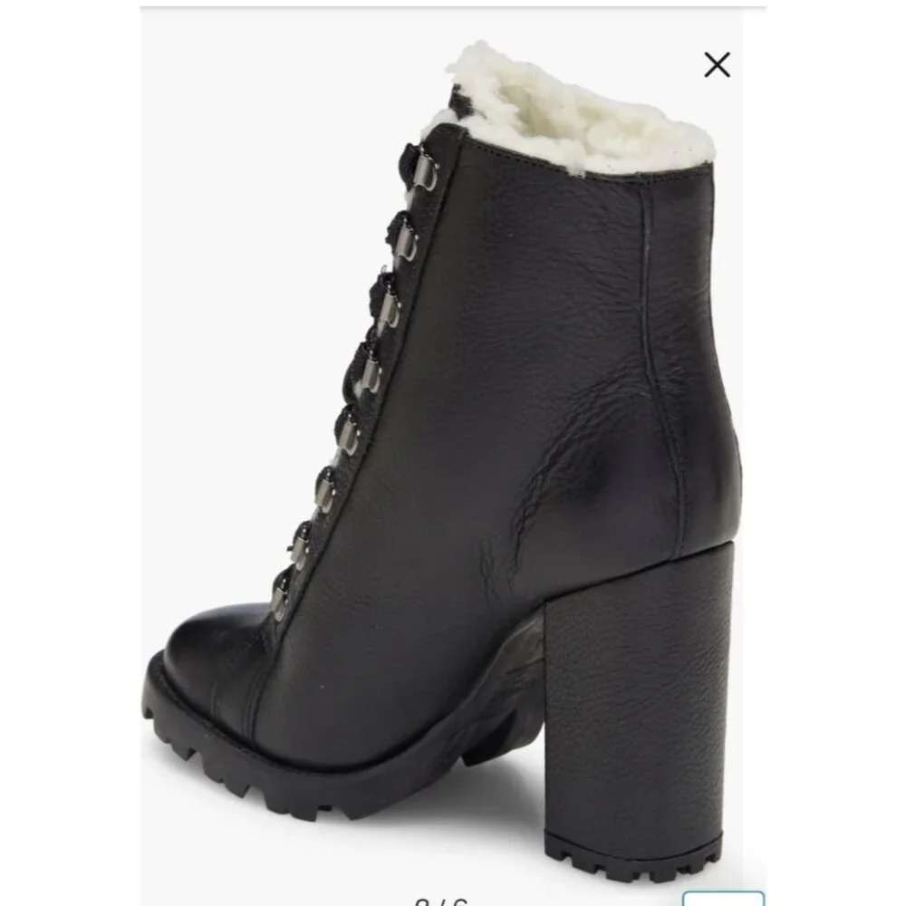Schultz Zhara Black Lace Sherpa Stacked Lug Leather Boots 7 NEW $250 Moto Boho
